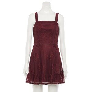 Juniors' Speechless Princess Seam Ruffle Lace Dress, Wine/Maroon Small New